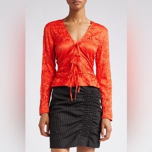 Ganni Tie Front Crinkled Satin Blouse Top size 2 US/ 34 EU NWT V/Neck
